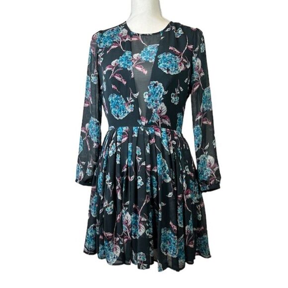 Kimchi Blue Nina Sheer Panel Dress Women's Gray Floral Aqua Pink Lined Size 4 - Picture 3 of 16